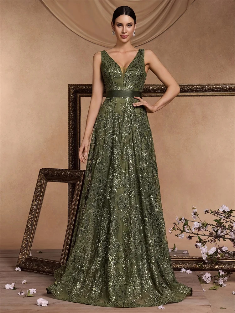 Lucyinlove Sexy Deep V-neck Sparkling Blue Evening Dress Elegant V-back Wedding Party Long Ball Cocktail Dress 250103