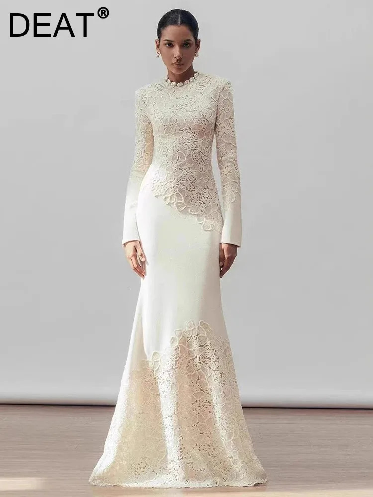 DEAT Elegant Dress Asymmetric Hollow Lace Hook Bracket Collar Fish Tail Womens Evening Dress 2025 Spring 13DL998 250103