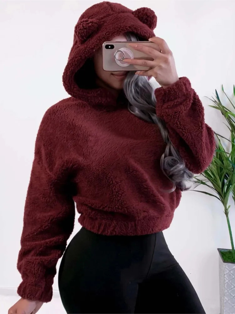 Autumn Winter Longsleeved Bear Ears Hat Solid Color Plush Sweatshirt Women Fashion Loose Short Casual Style Pullover Female 250103