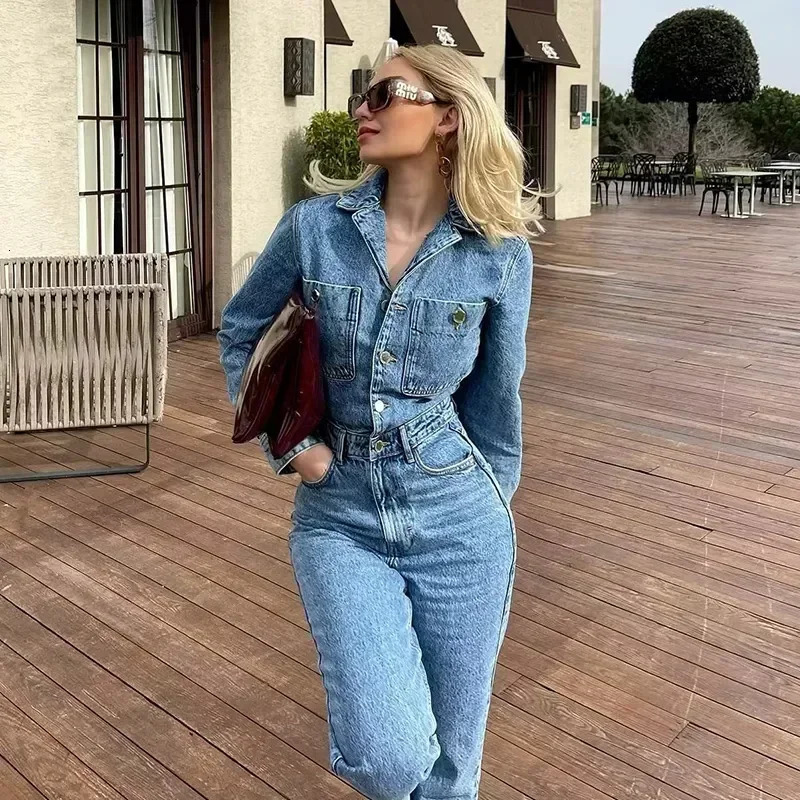 Autumn Denim Jumpsuit for Women Overalls Woman Jean Overalls Long Sleeve Elegant Jumpsuits Y2k Streetwear Turn Down Collar 241230