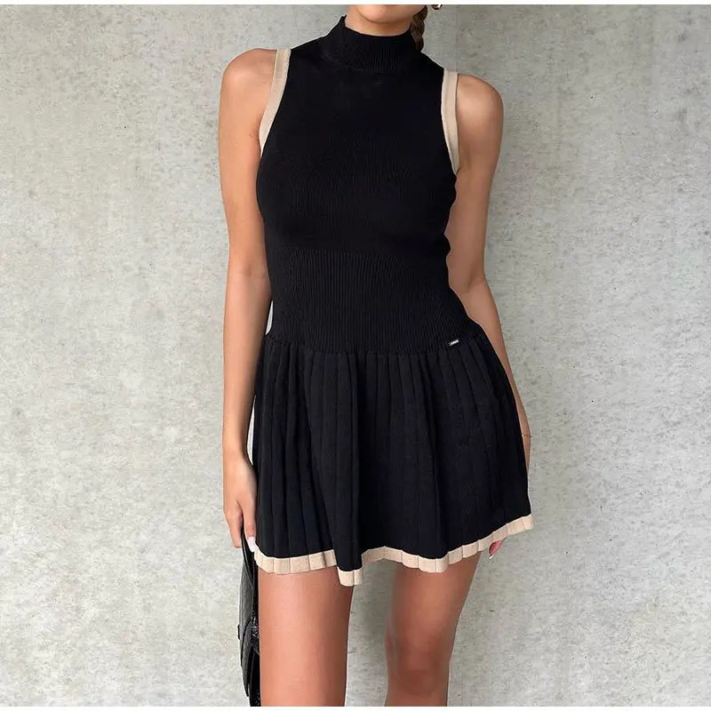 Women Fashion Contrast Pleated Knitted Mini Dress Chic Half High Collar Sleeveless Slim Dresses 2024 Female High Streetwear 250102