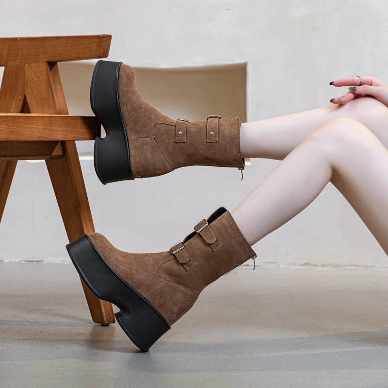 AIYUQI Women Ankle Boots British Style Autumn British Style Women Booties Platform Belt Buckle Trend Biker Boots Women