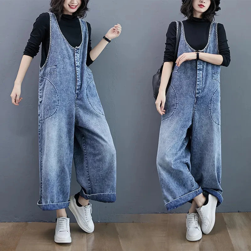 Denim Strap Pants For womens Streetwear 2025 Spring/summer Loose Wide leg Long Jeans Fashion Casual Student Denim Jumpsuit 241230