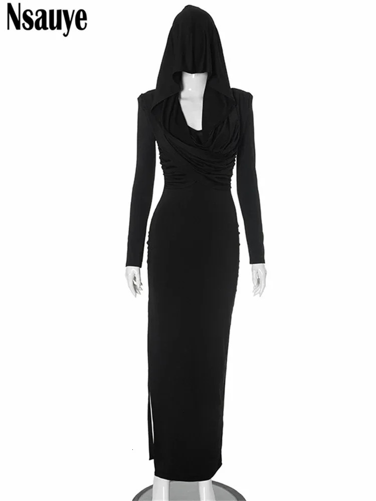 Nsauye Women Casual Basic Long Sleeve Y2K Sexy Club Hoodies Dress Maxi Winter 2024 Evening Party Elegant Fashion 250103