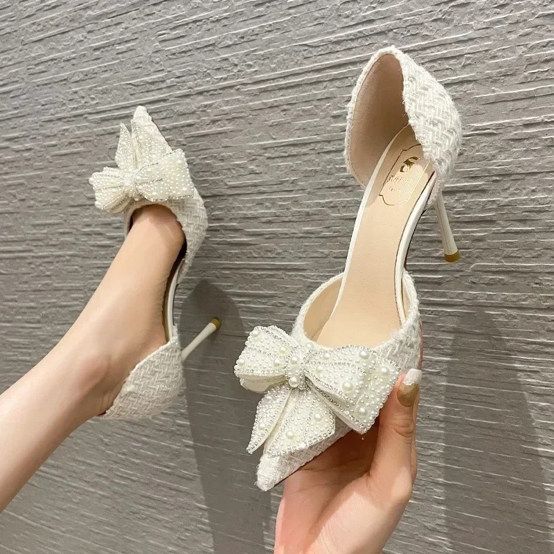 2024 New Autumn Brand Designer High Heels Pearl Crystal Bowtie White Wedding Women Pumps Thin Heeled Party Shoes