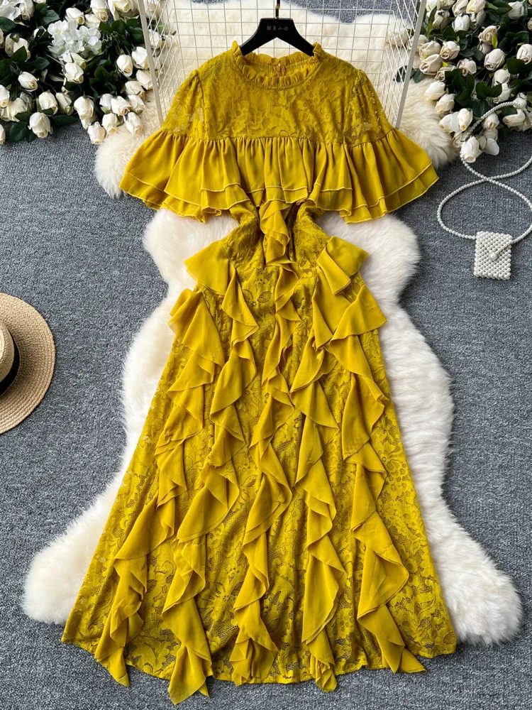 XFPV Women Spliced Round Neck Flared Sleeves High Waist Slim Lace Lotus Leaf Edge Dress Vestidos Y2k Fashion Spring Summer 2025 250103