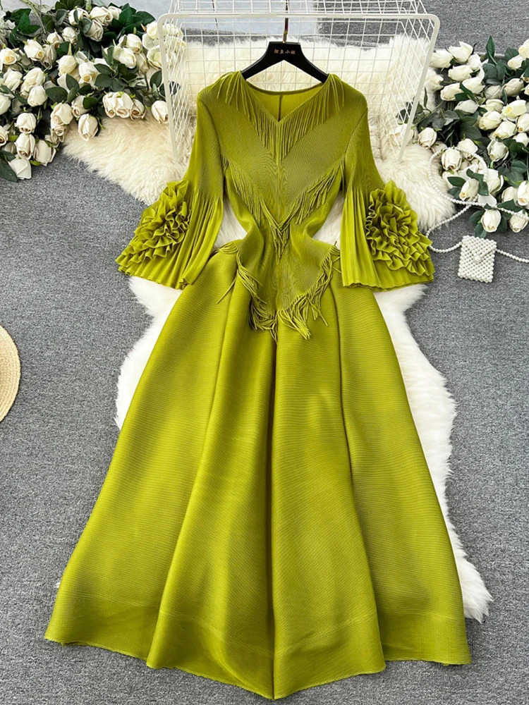 XFPV Women Tassel High Waist Mid Length A-line Dresses V-Neck Flare Sleeve Draped Slim Fit Vestidos Spring Summer 2025 SM10768 250103