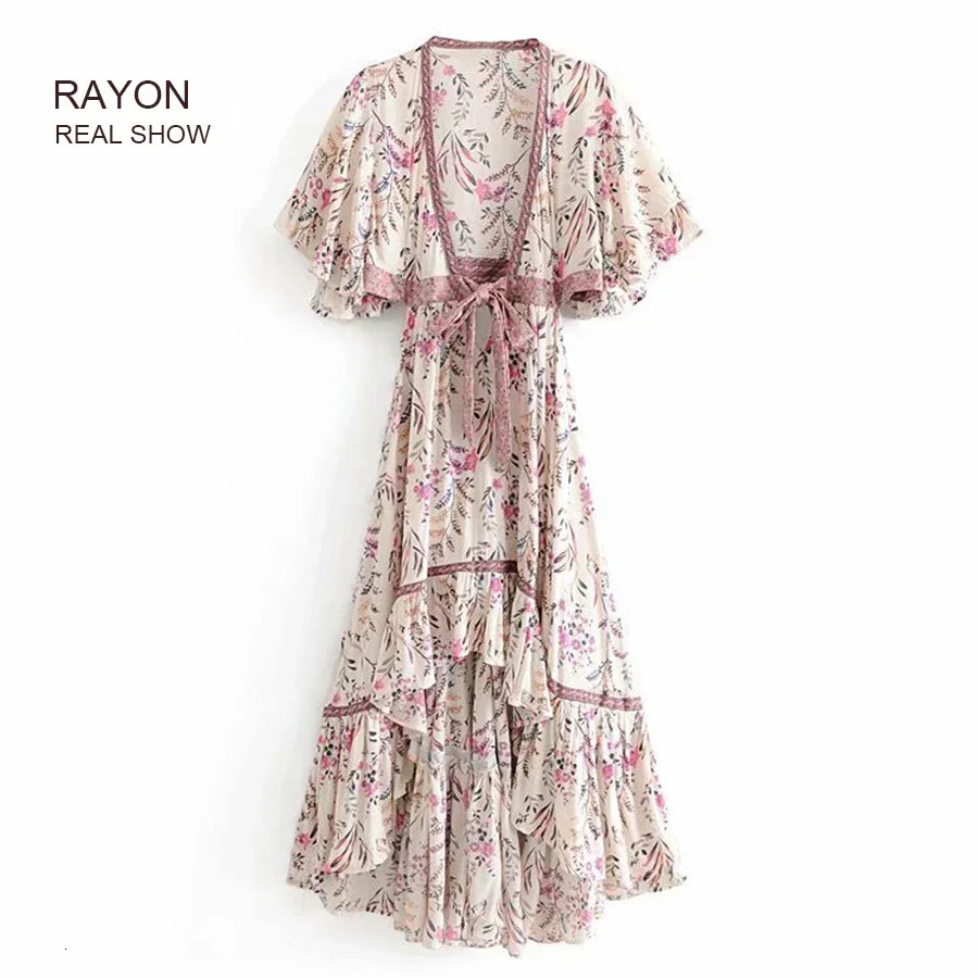 AYUALIN sexy irregular womens deep V-neck Bohemian dress with adjustable waistband floral print summer dress Gypsy dress Vestitos 250103