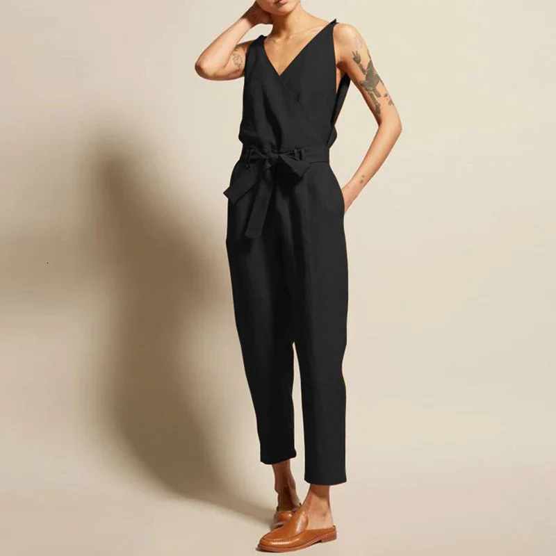 Cotton Linen Sleeveless Women Jumpsuit Summer Causal Solid V-Neck Drawstring Lace Up Waist Straight Leg Jumpsuits Plus Size 241230