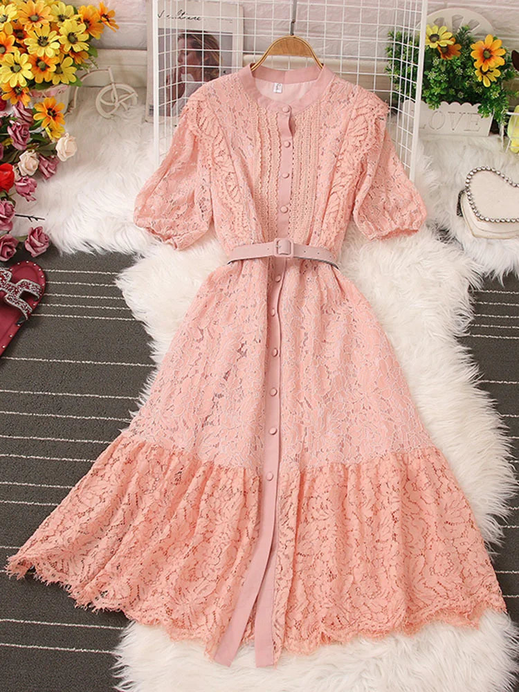XFPV Sweet Style Y2K Long Dresse For Women Hook Flower Hollow Single-breasted High Waist Dresses Spring Summer 2025 SM5538 250103
