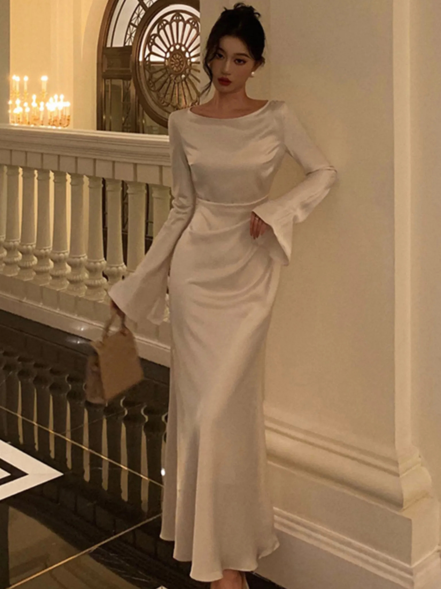 Elegant Flare Sleeve Wedding Mermaid Long Dress Women Spring Autumn French Vintage Slim One Piece Party Robe Mujers Clothes 250103