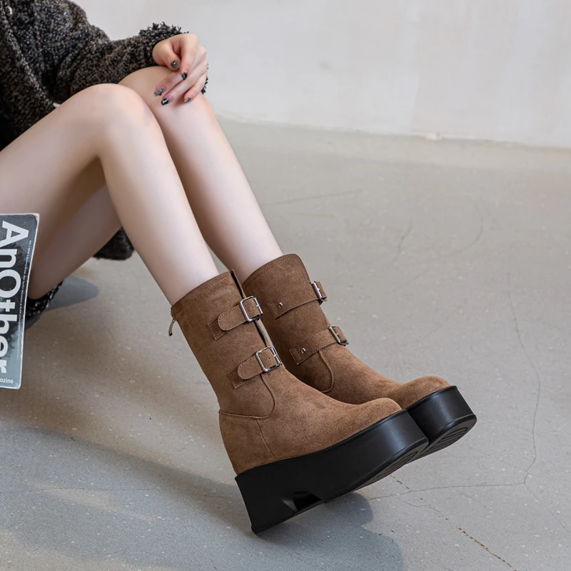 AIYUQI Women Ankle Boots British Style Autumn British Style Women Booties Platform Belt Buckle Trend Biker Boots Women