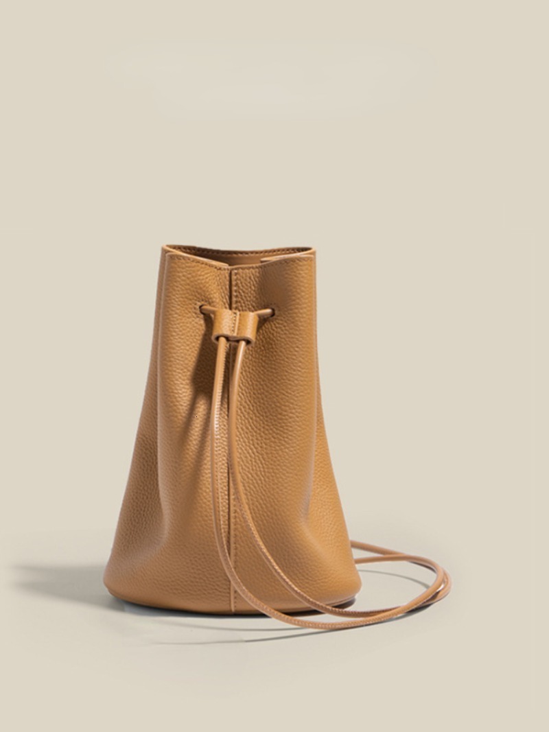 Fashion Cowhide Minority All-Match Casual Messenger Bags New Drawstring Solid Bucket Simple Commuter Exquisite Single-Shoulder