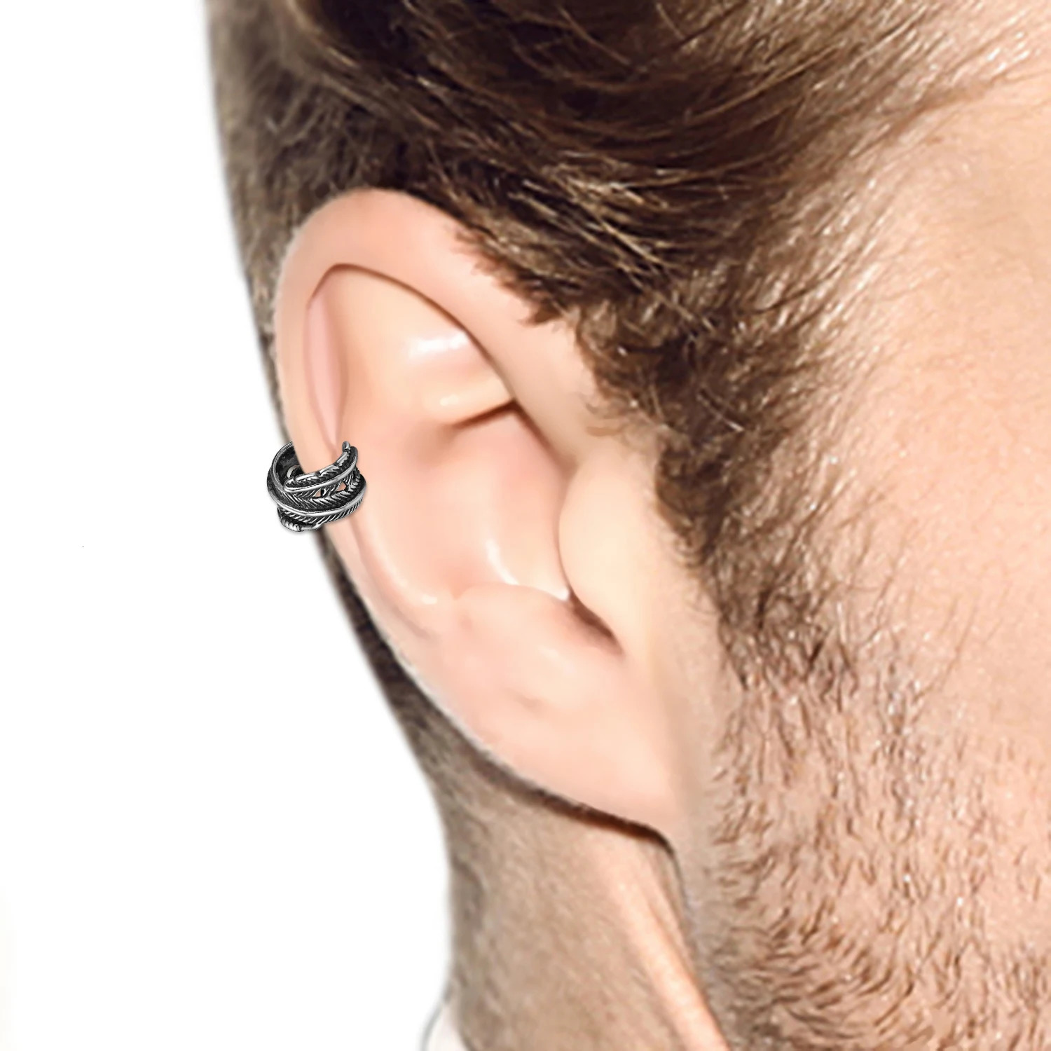 BONISKISS Mens 2pcs Vintage Leaf Ear Cuff Non-piercing Stainless Steel Clip Earrings Male Silver Color Jewelry bijoux brincos 250103