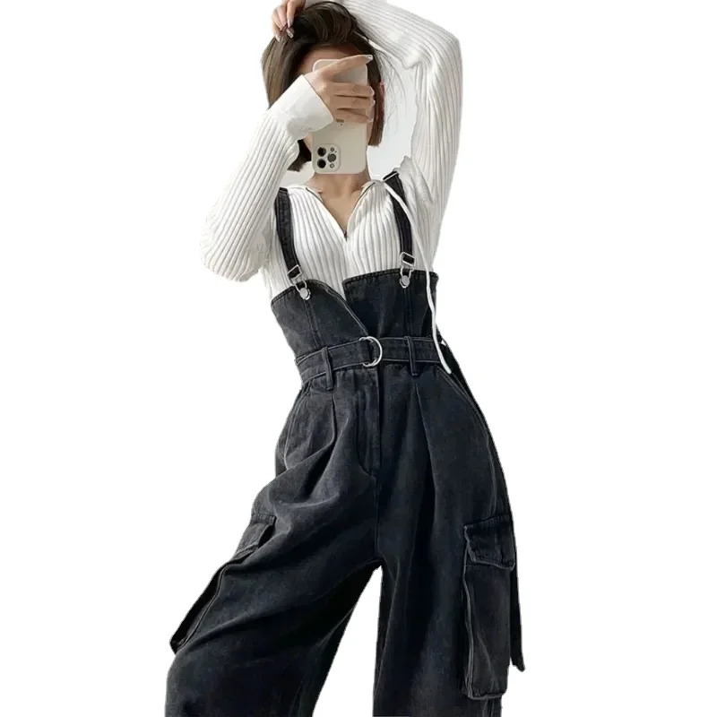 Denim Jumpsuits Women High Waisted Cargo Trousers American Streetwear Teens Personal Hipsters Pure Big Pockets Washed Clothes 241230