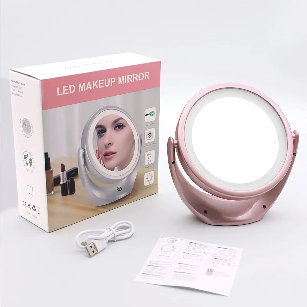 Pink LED Makeup Mirror 5X Magnifying Double-Sided Portable Travel Vanity Mirror with Lights 3 Levels Adjustable Brightness 250103