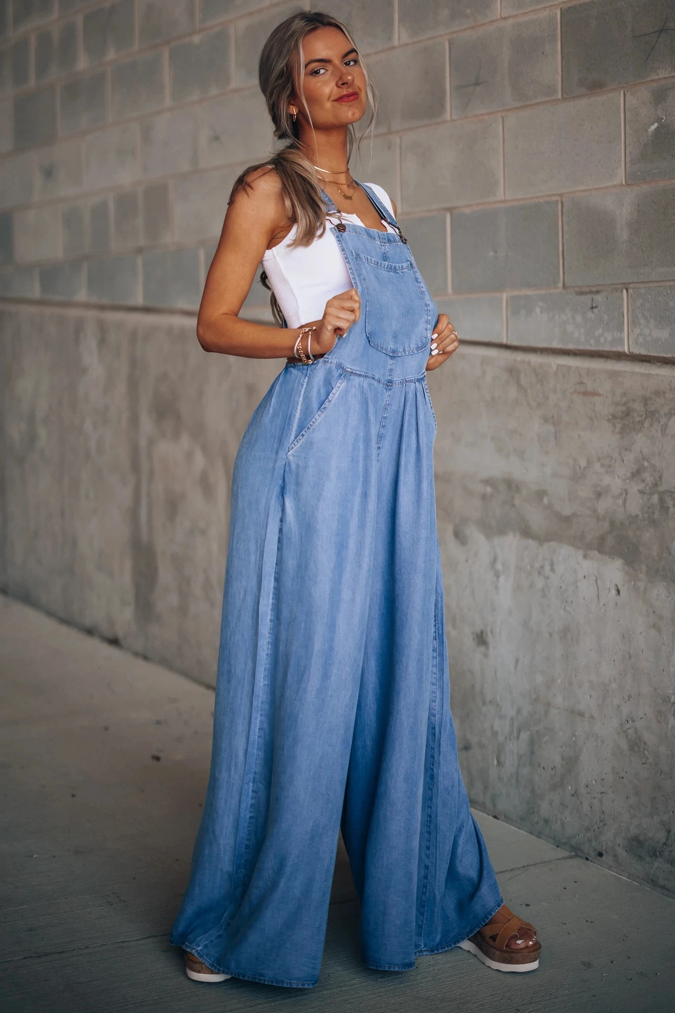 Summer Overalls For Women Blue Denim One-Piece Jumpsuits Loose Wide-Leg With Pocket High-Waist Jumpsuits 241230
