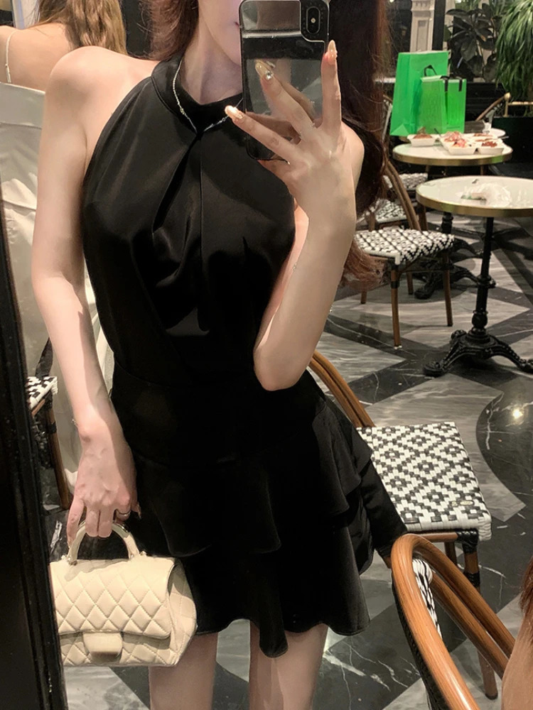 Elegant Satin 2 Piece Dress Set Women 2023 Summer Sleeveless Y2k Crop Tops Mini Skirt Female Even Party Black Korean 250103