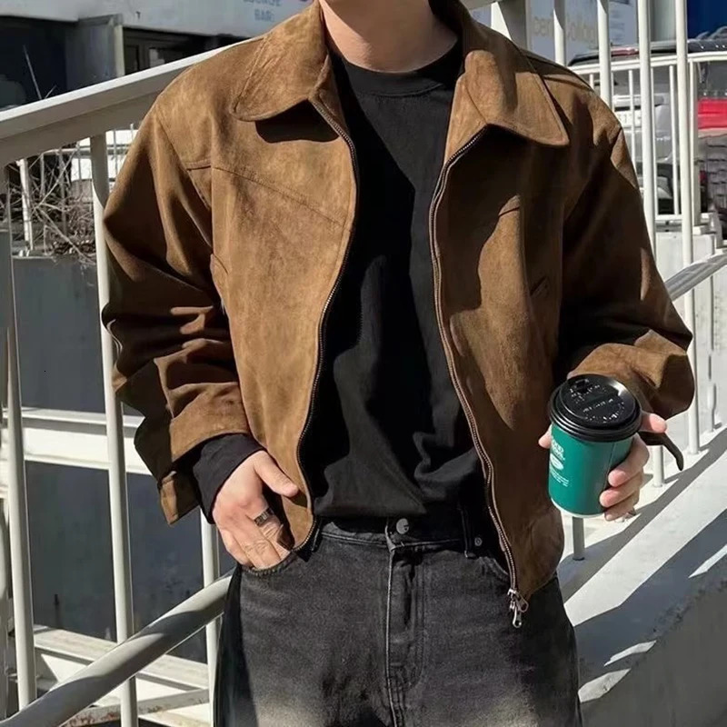 2024 Elegant Solid Brown Coat Men Spring Autumn High-End Loose Lapel Zipper Short Jacket Vintage Streetwear Bomber Jacket 250103