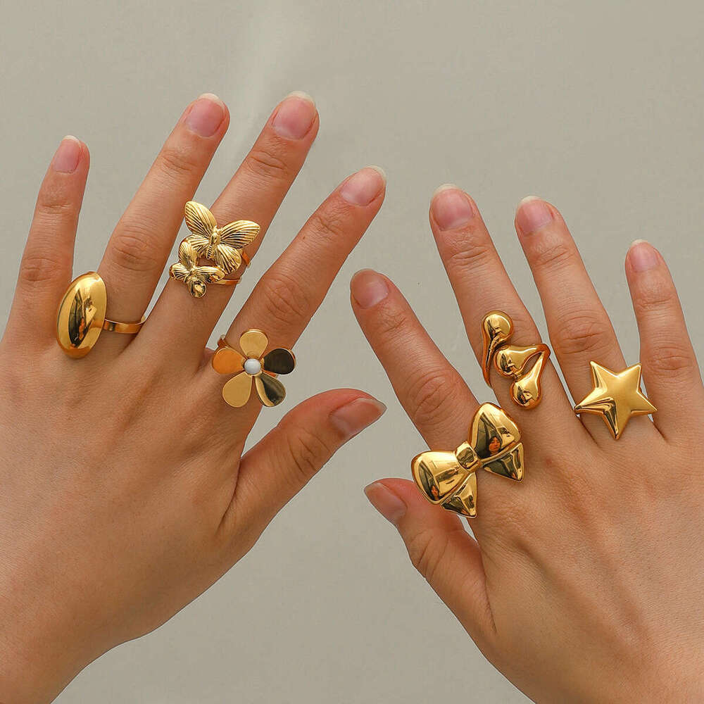 Wanxing INS Wind Combination Open Ring Gold Stainless Steel Five Petal Butterfly Knot and Earrings