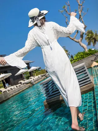 TEELYNN long sleeved beach dress retro lace white summer dress sexy deep V-neck long sleeved womens bohemian dress 250103