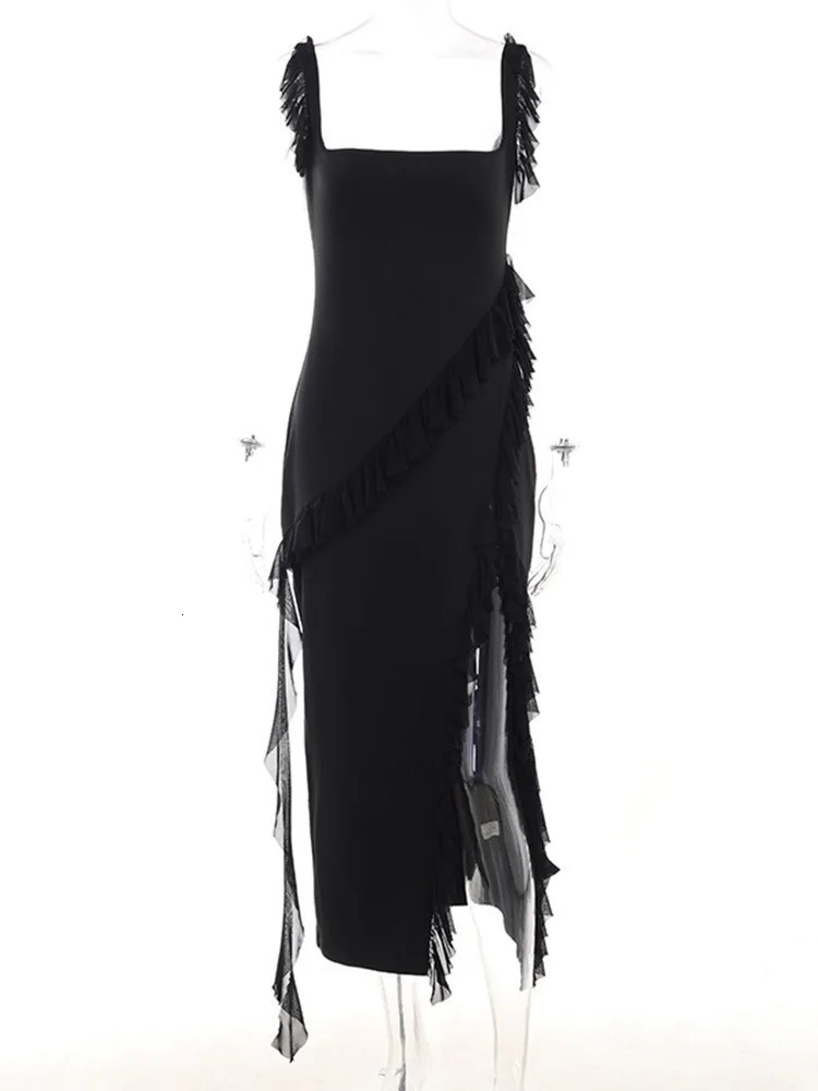 Womens Ruffle Edge Long Skirt Sleeveless Solid Color High Split Party Cocktail Evening Dress Summer Y2k Clothing 250103