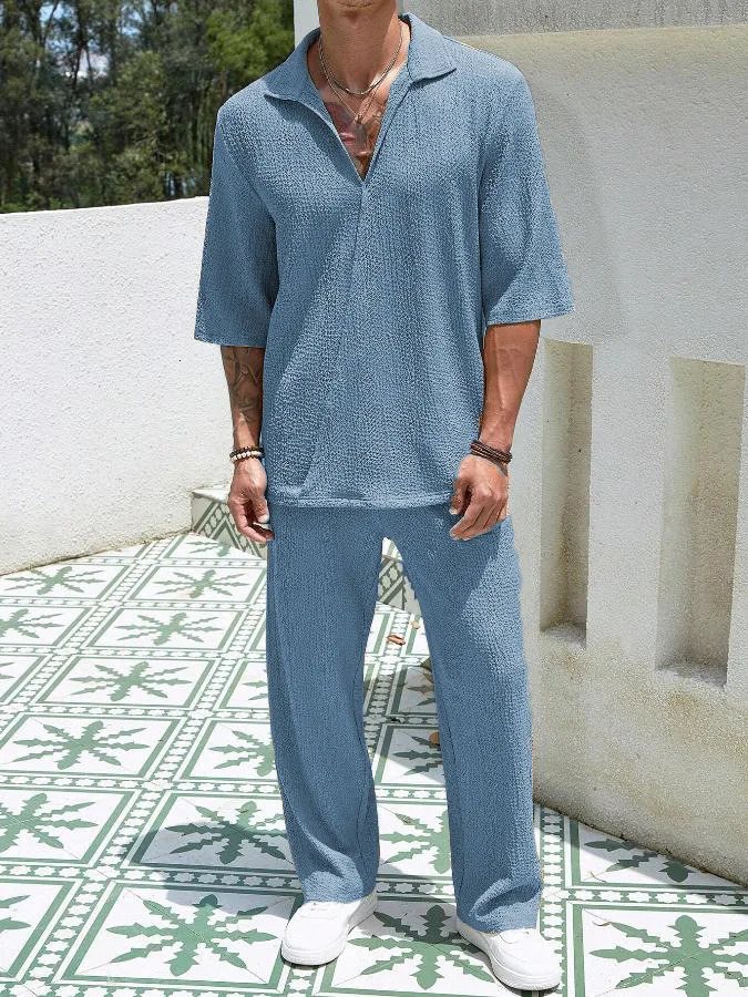 Summer Mens Set Half Sleeved Shirt and Long Pants Two-piece Turn-down V-neck Casual Streetwear Holiday Loose Suit s 250103