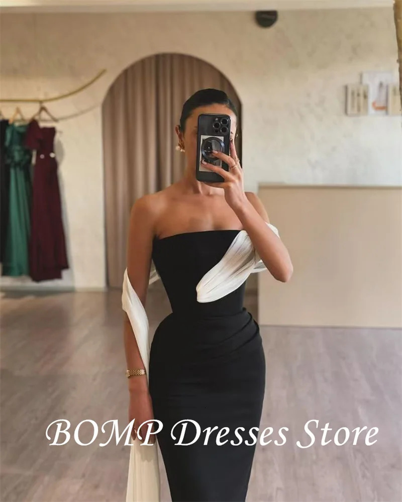 BOMP Arab Womens Evening Dress Black and White Matte Satin Modern Formal Party Dress Ball Dress Festival Dress Customization 250103