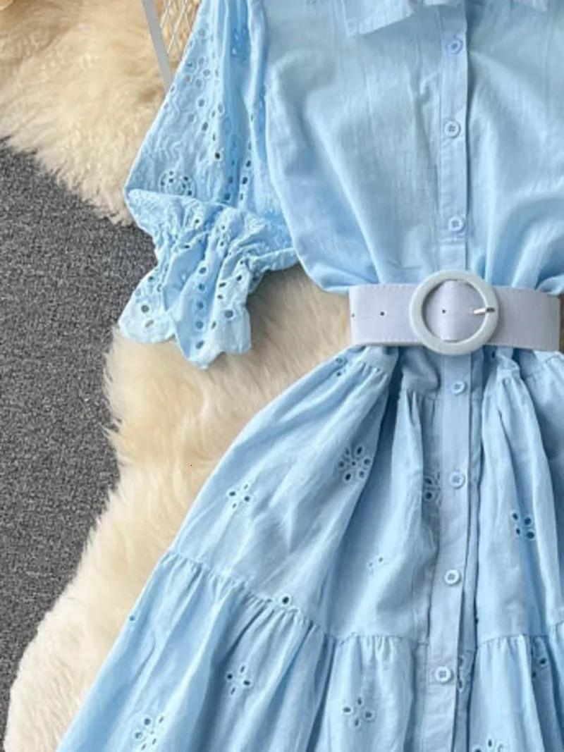 XFPV Women Light Hollow Out High Waist A-line Dresses Lapel Puff Sleeve Loose Mid Length Vestidos Summer 2025 SM10995 250103