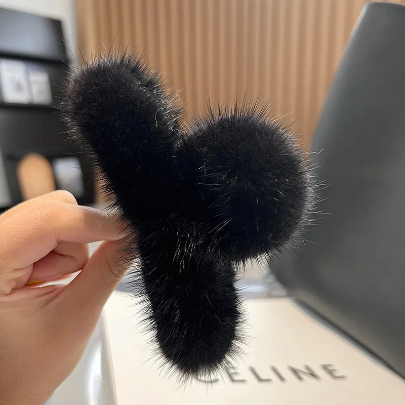 Real Mink Fur Barrettes Winter Fluffy Hair Claw Elegant Acrylic Hairpins Clip Crab Headwear for Women Girls Hair Accessories 250103