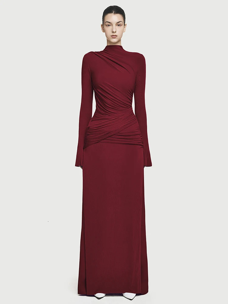 DEAT Elegant Dress Half Collar Folded Long Sleeve Solid Color Ultra Thin Womens Evening Dress 2025 Spring Style 35Z1413 250103