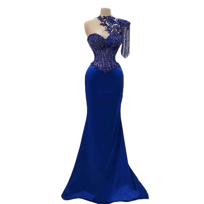 Beaded One Shoulder Prom Dresses Sweetheart Royal Blue Satin Mermaid Long Evening Gowns 2025 Charming Illusion Bride Reception Party Formal Dress