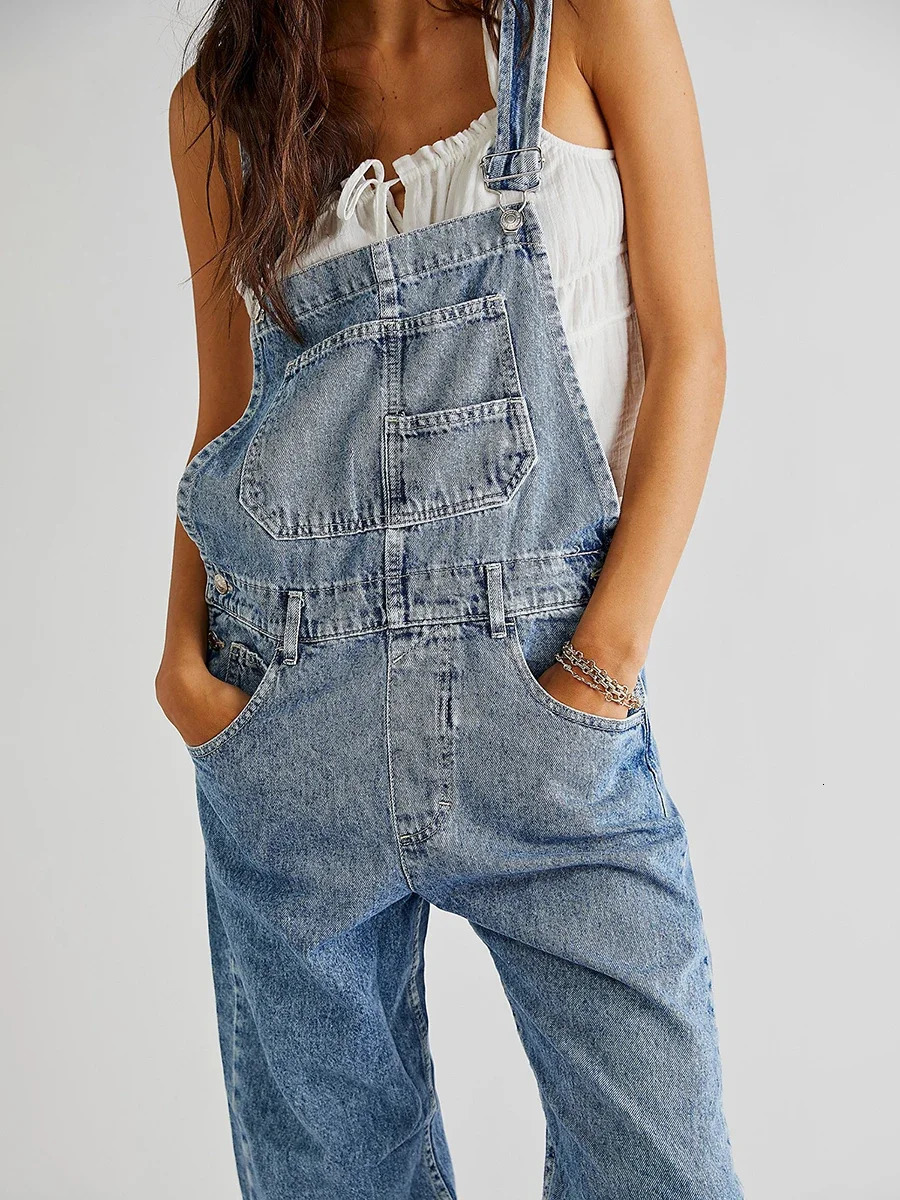 Vintage Denim Overalls for Women Spring Summer Loose Fit Classic Bib Casual Jean Stretchy Denim Overall Jumpsuits Leg Jean Pants 241230