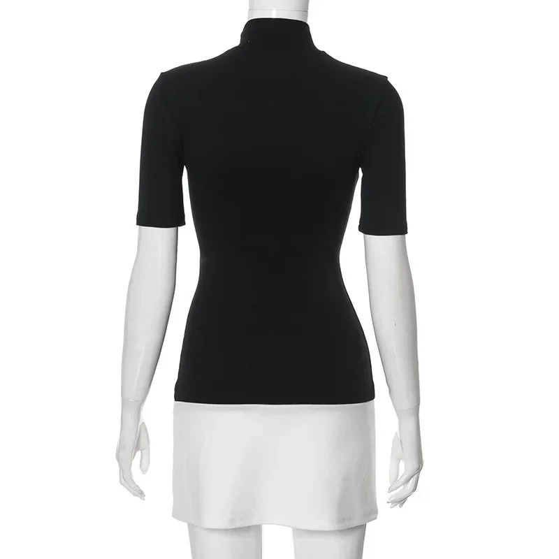2025 Spring Summer Turtleneck Half Sleeve Mini Dresses French Style Fashion Elegant Black And White Patchwork Bodycon Dress 241223