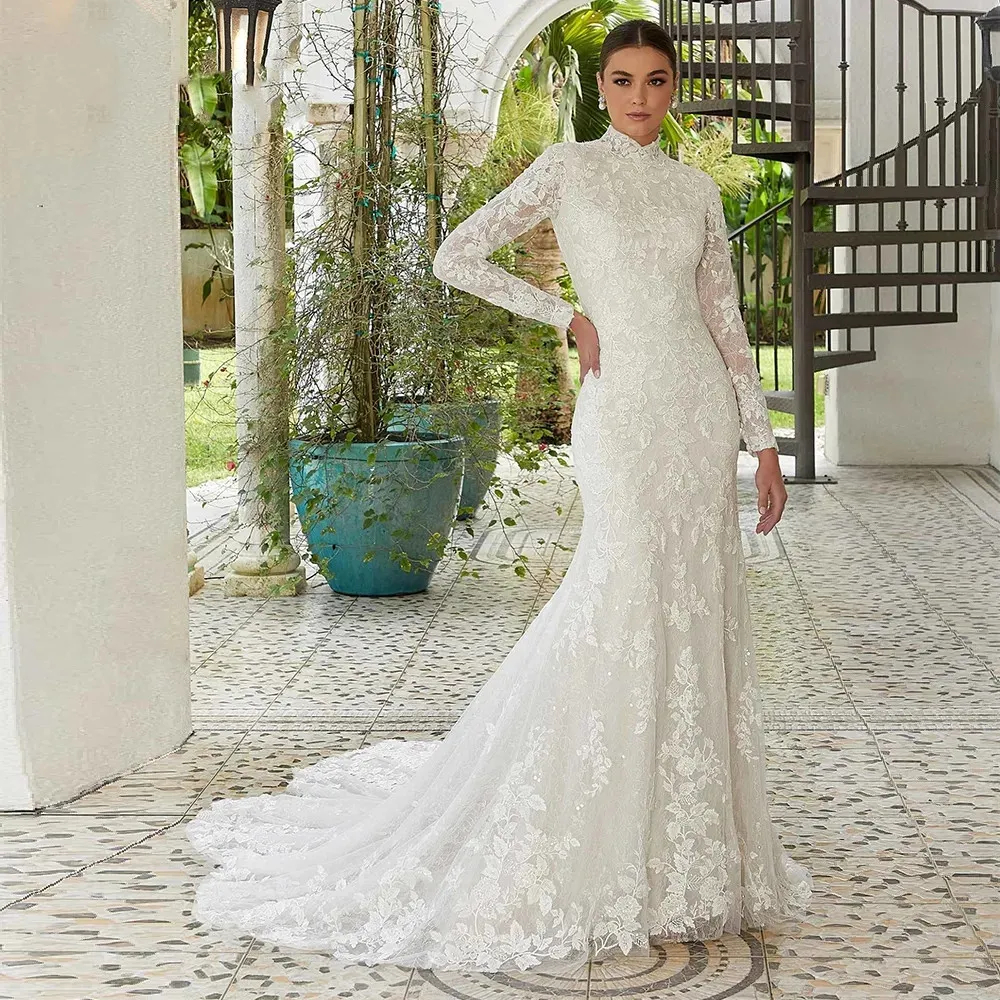 Long Sleeves Lace Mermaid Wedding Dress 2025 Modest High Neck Elegant Bridal Gowns Court Train 2025 Robe de Mariee