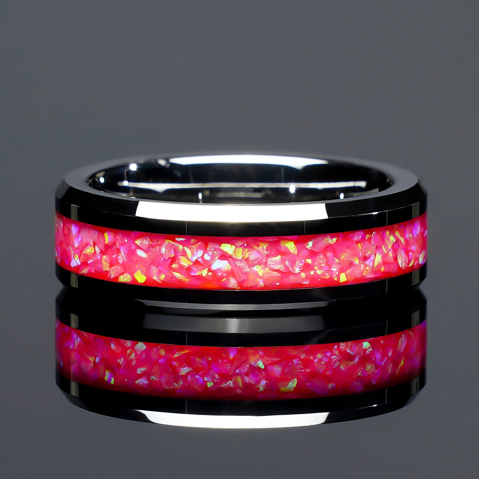 6/8mm Pink Opal Silver Tungsten Couple Ring For Him And Her 250103