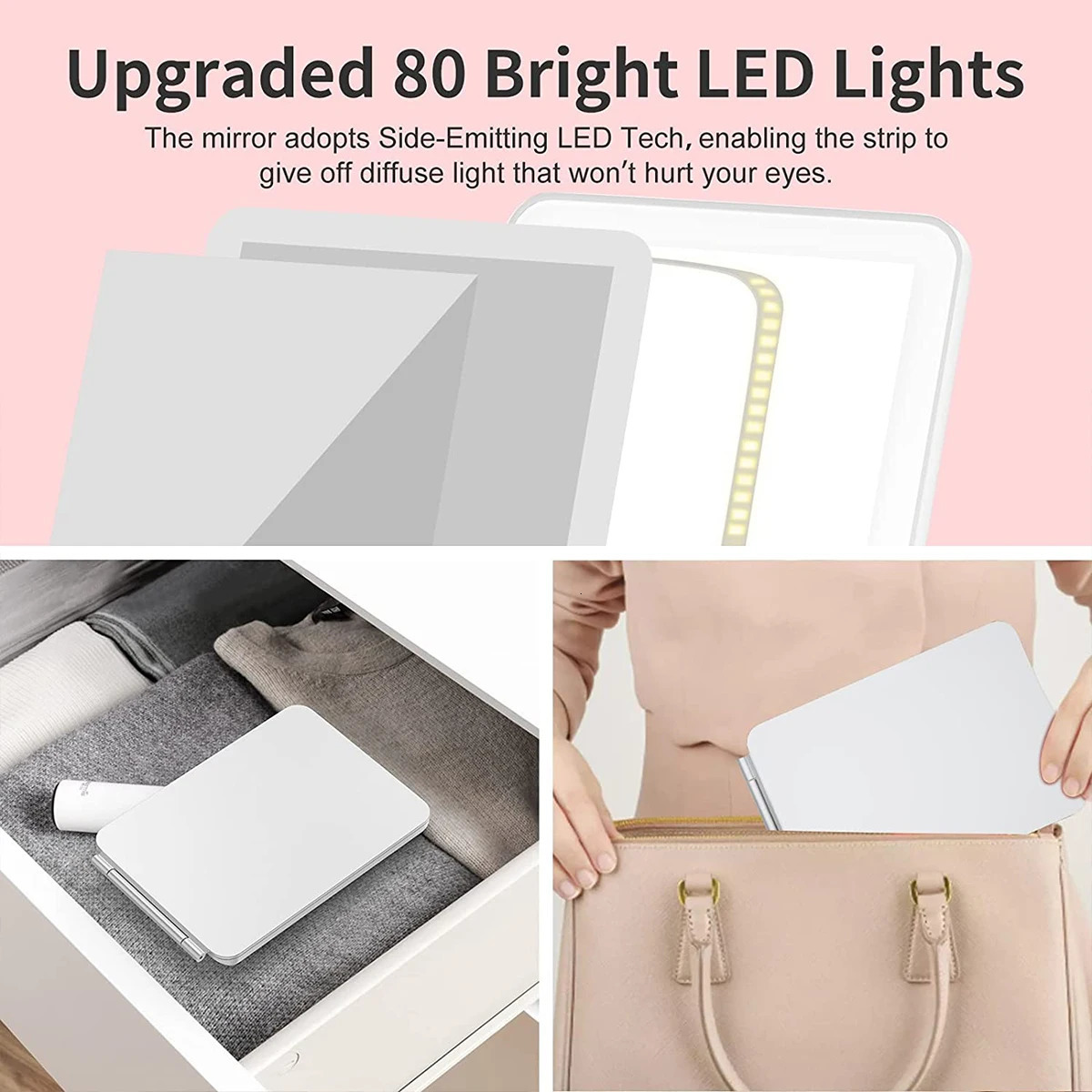 Folding Travel Mirror with 80 LEDs Ultra Thin Makeup Mirror Dimmable Touch Screen USB Rechargeable Portable for Makeup 250103