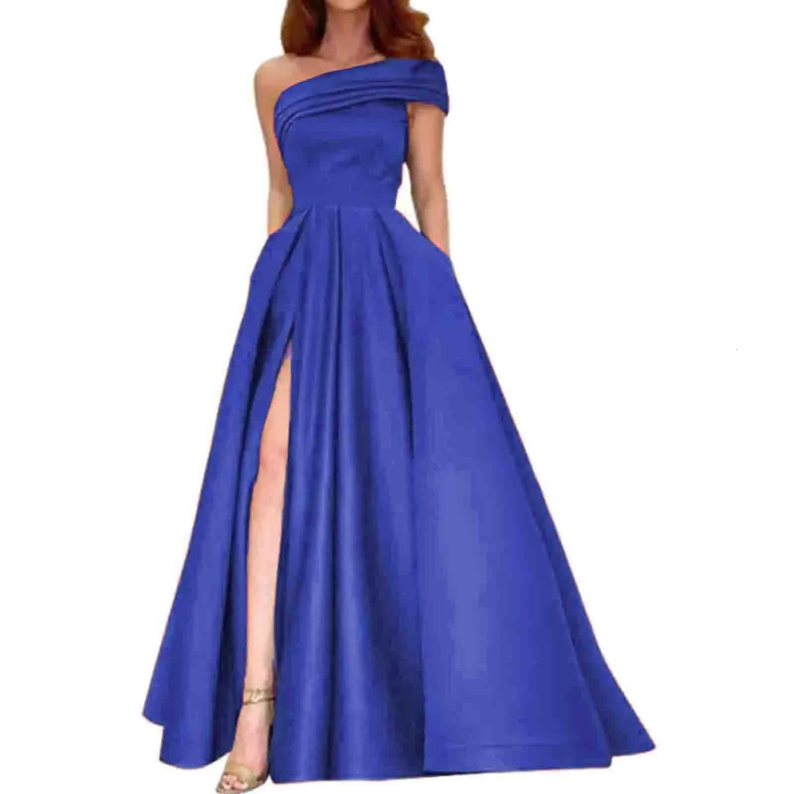One Shoulder Satin Formal Dress Temperament Solid Tuck Waist Maxi Evening Lady Elegant High Slit vestidos para mujer 250103