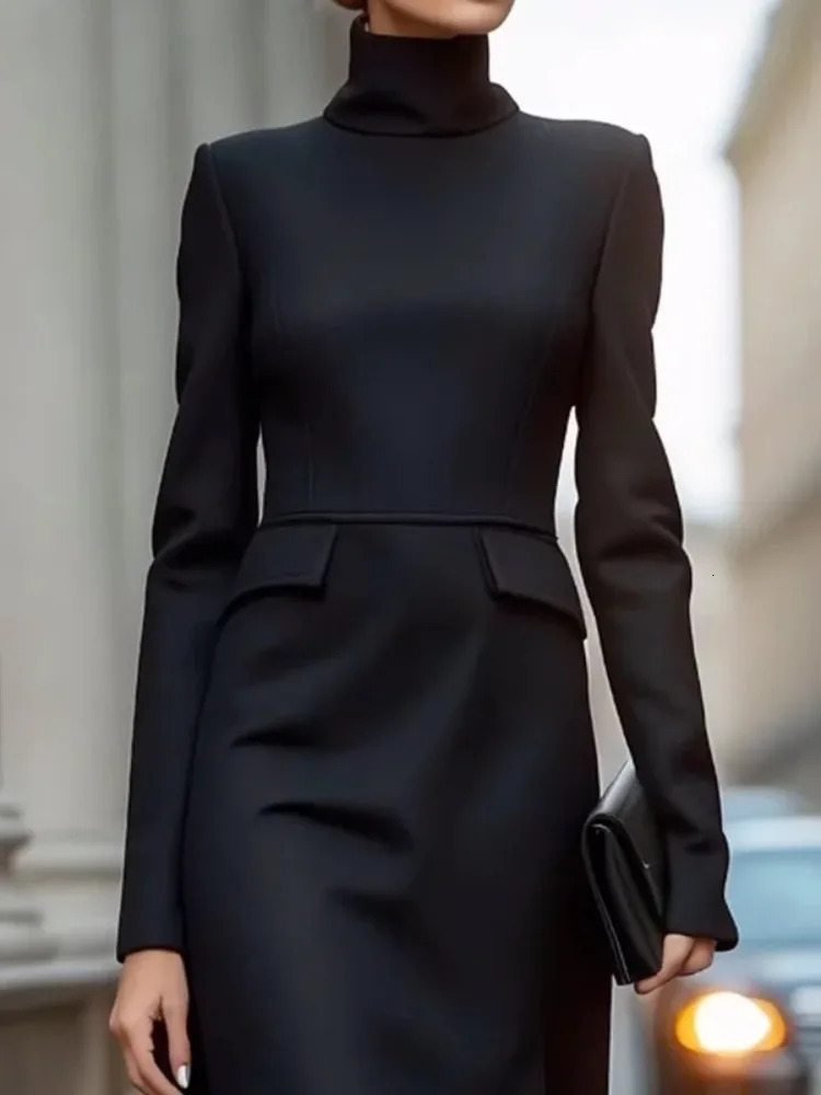 Yeezzi City Womens Formal Commuting Midi Dress 2025 Autumn Long Sleeve High Neck Elegant Black Church Womens Wear 250103