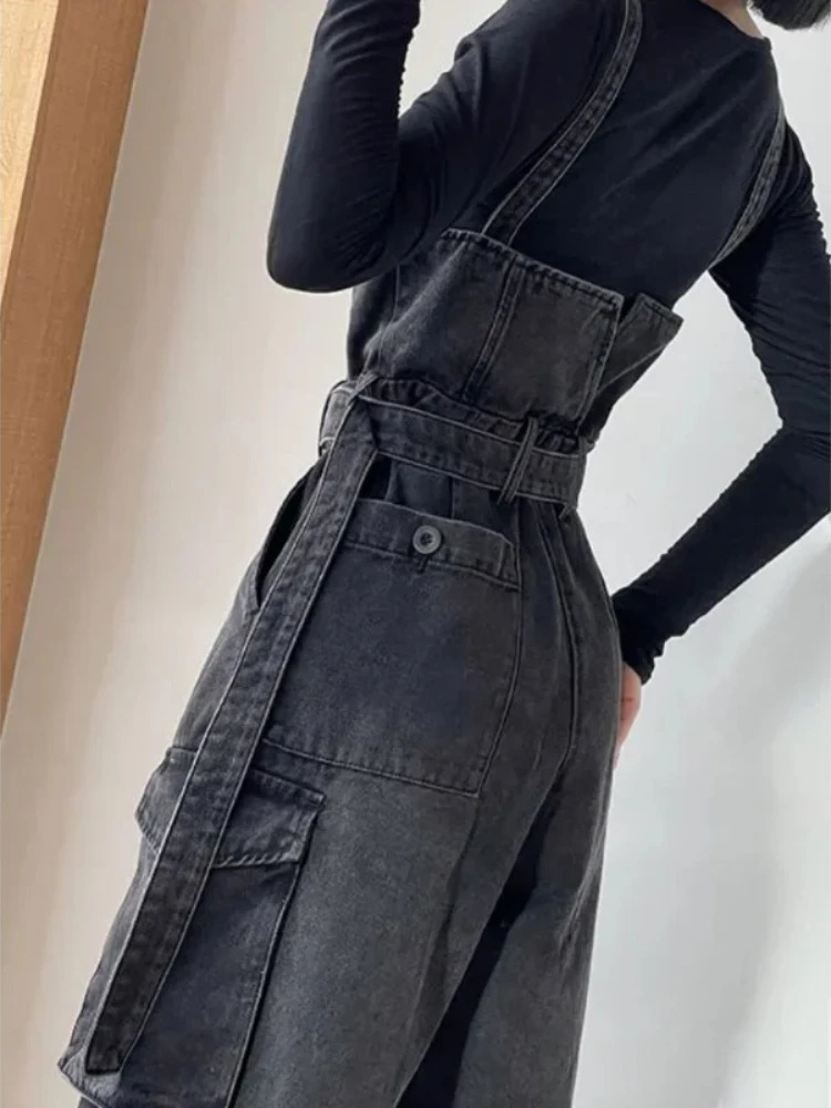Denim Jumpsuits Women High Waisted Cargo Trousers American Streetwear Teens Personal Hipsters Pure Big Pockets Washed Clothes 241230