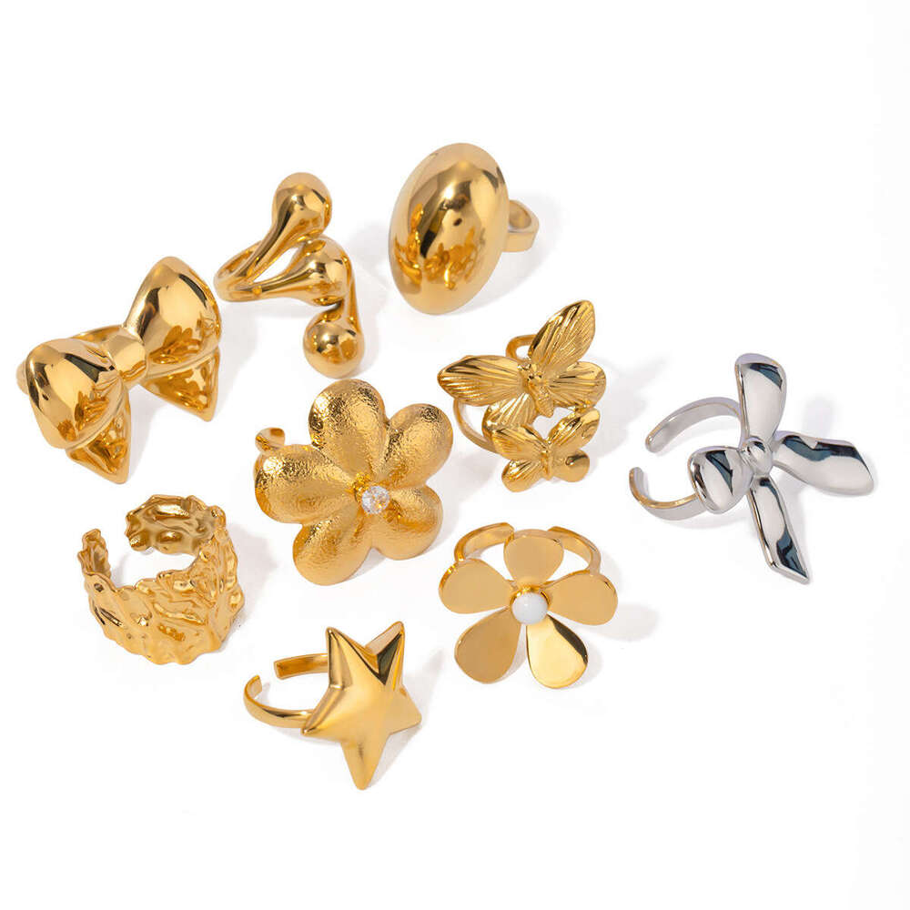 Wanxing INS Wind Combination Open Ring Gold Stainless Steel Five Petal Butterfly Knot and Earrings