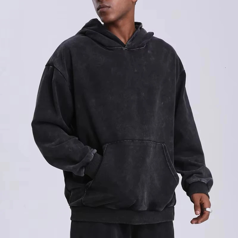Vintage Black Acid Wash Cotton Hoodies for Men Women Spring Autumn Hooded Sweatshirts Casual Baggy Loose Fit Pullover Tops 250102