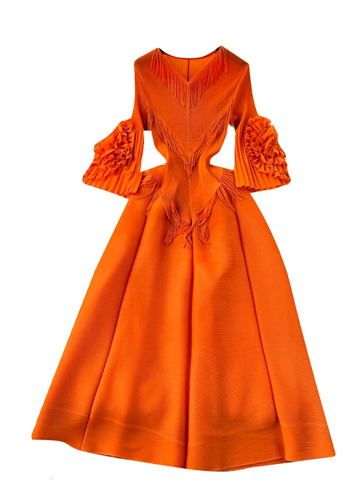 XFPV Women Tassel High Waist Mid Length A-line Dresses V-Neck Flare Sleeve Draped Slim Fit Vestidos Spring Summer 2025 SM10768 250103