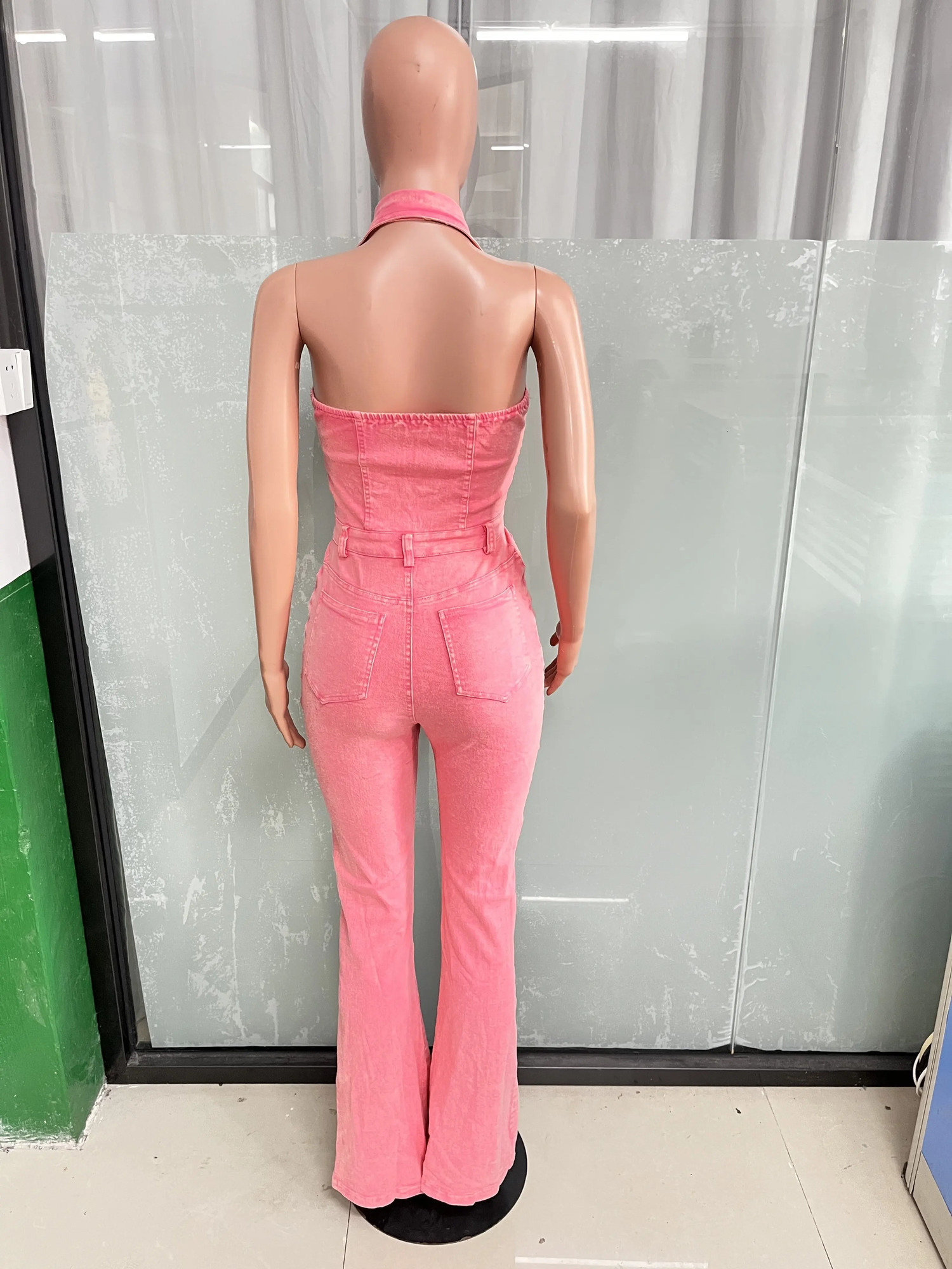 Pink Jeans Cargo Jumpsuit Sexy Women Halter Elegant Denim Stretch Casual Overalls Romper 241230