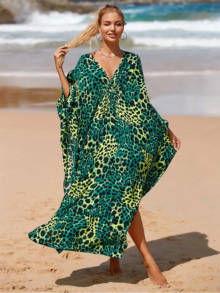 Bohe print loose beach dress casual V-neck batwing sleeve side split long skirt womens summer clothing long Kafotan Q1297 250103