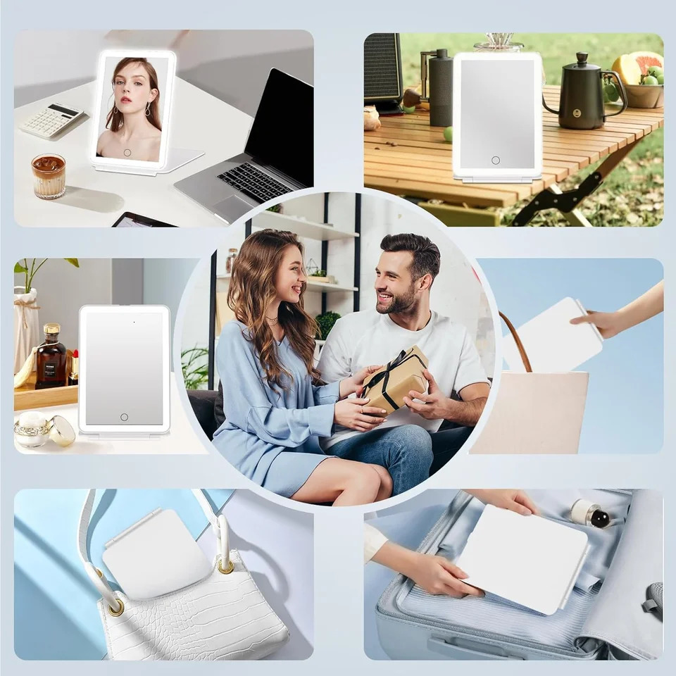 LED Foldable Travel Makeup Mirror 3 Colors Light Modes USB Rechargeable Touch Screen Portable Tabletop Cosmetic Mirror White 250103