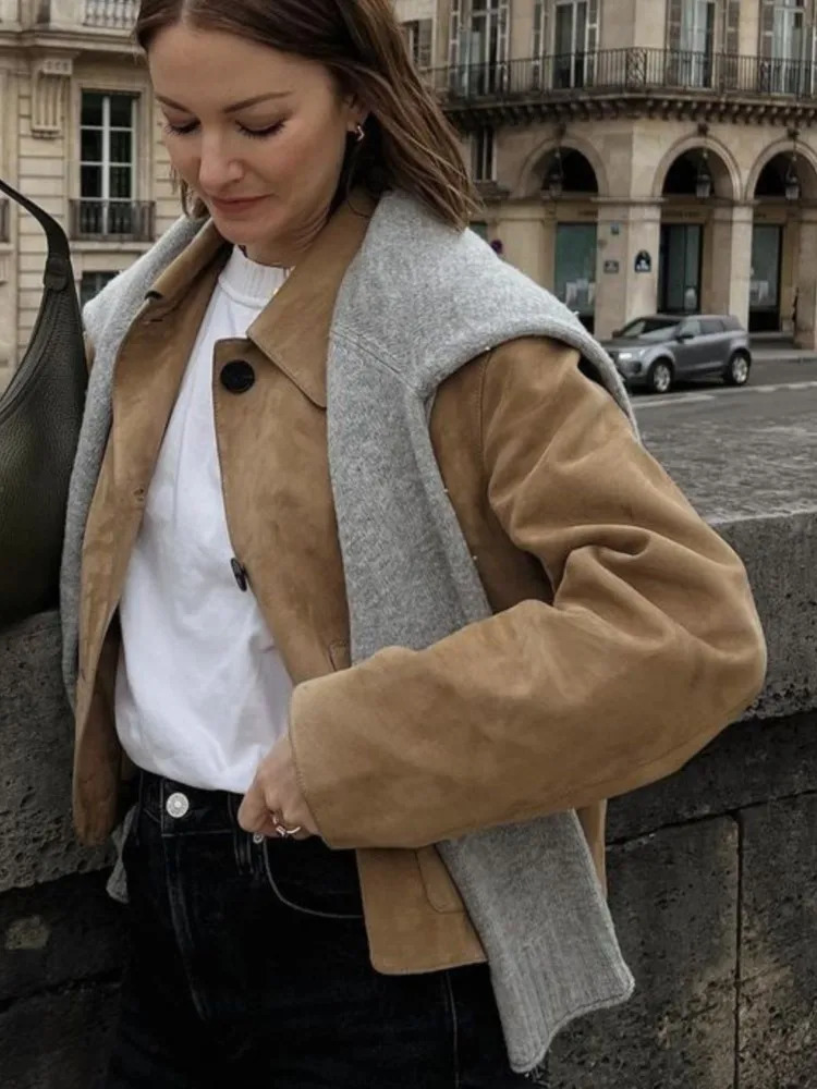 Vintage Suede Jacket Coat Turndown Collar Maillard Leather Short Coats Loose Casual Minimalism Commute Long Sleeve Women Clothes 250103