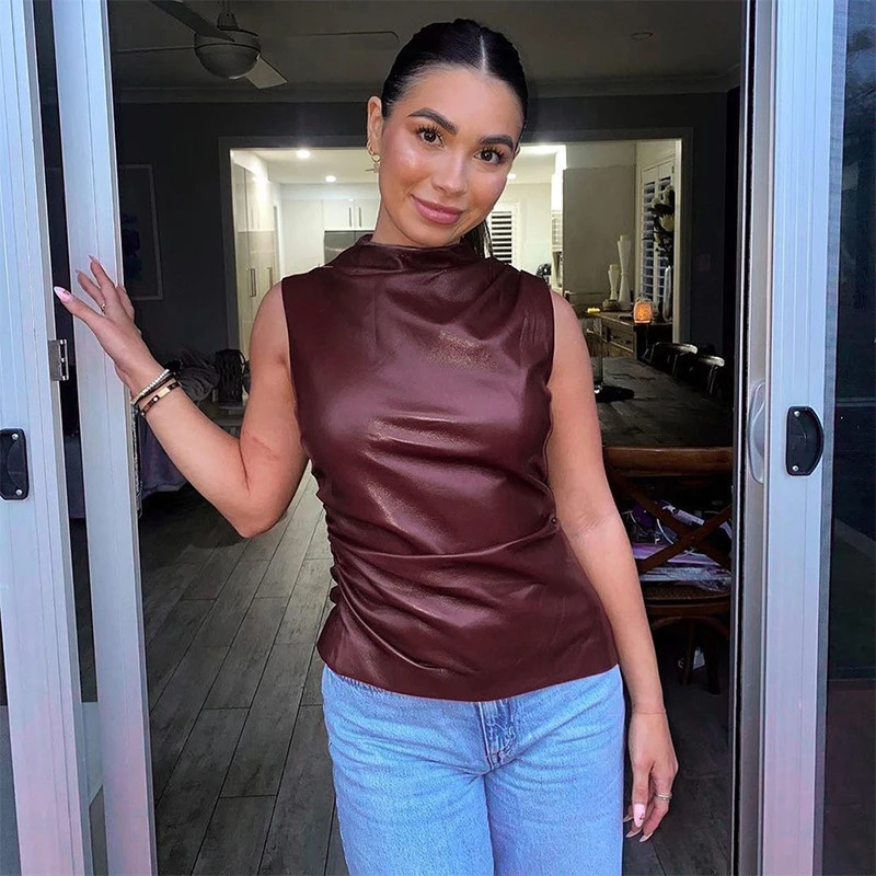 Gtpdpllt PU Leather Can Top Fashion Asymmetric Ruffle Sleeveless Shirt Winter Sexy Womens T-shirt Y2K Clothing 250103