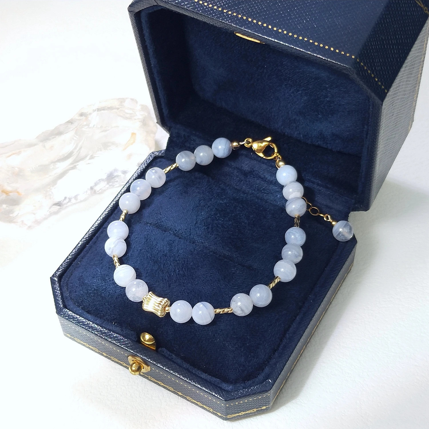 Lii Ji Blue Lace Agate Bracelet Natural Stone 2-6mm 14K Gold Filled Charm Bracelet Handmade Jewelry 250102