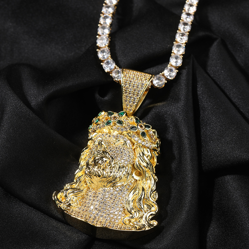 Hip Hop Vintage Green Cross Flower Jesus Pendant Necklace 5A Zircon Religious Jewelry